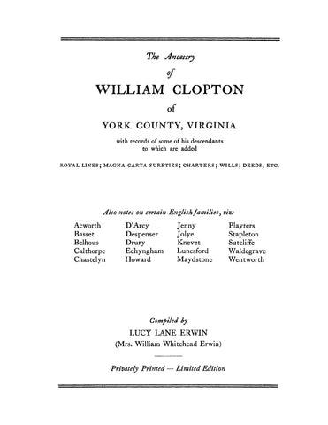 CLOPTON: Ancestry of William Clopton of York County, Virginia 1939