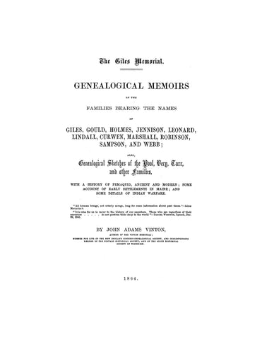 GILES MEMORIAL:  Genealogical Memorial of the Family Bearing the names 1864