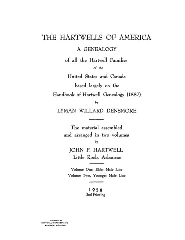 HARTWELL: The Hartwells of America, a genealogy of all the Hartwell families of the United States and Canada 1958