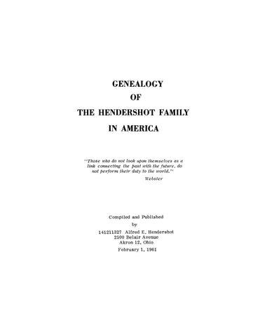 HENDERSHOT: Genealogy of the Hendershot Family in America 1961