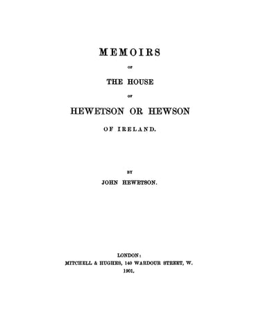 HEWETSON: House of Hewetson or Hewson of Ireland 1891