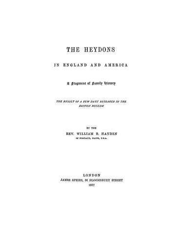 HEYDON: Heydons in England and America, a Fragment of Family History