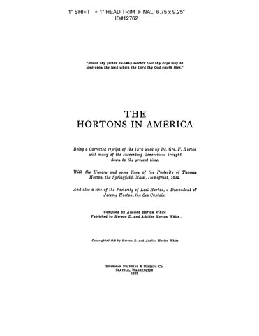 HORTON: The Hortons in America; corrected reprint of 1876 work by G.F. Horton 1929