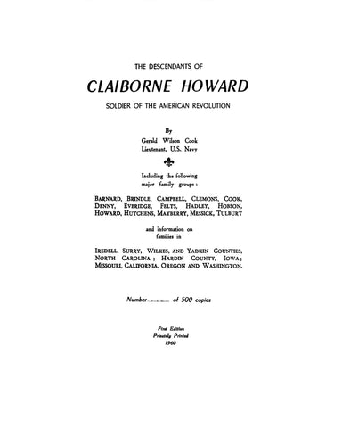 HOWARD: Descendants of Claiborne Howard, soldier of the American Revolution, including Barnard, Brindle, Campbell, etc. 1960