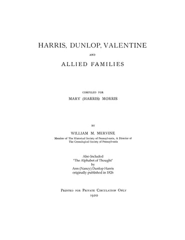 HARRIS, Dunlop, Valentine and Allied Families 1920