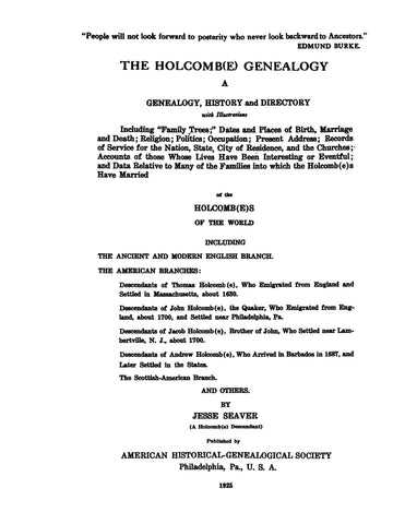 HOLCOMB(E): A genealogy, history and directory of the Holcomb(e)s of the world 1925