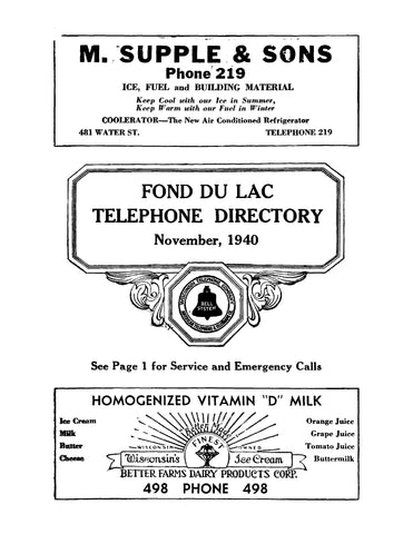 FOND DU LAC, WI: Fond Du Lac Telephone Directory, November 1940 (Softcover)