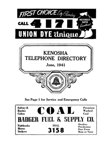 KENOSHA, WI: Kenosha Telephone Directory, June 1941 (Softcover)