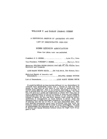 HIBBS: William V. and Sarah (Hollett) Hibbs: A Historical Sketch of Ancestry )671-1800) and List of Descendants (1823-1933) (Softcover)